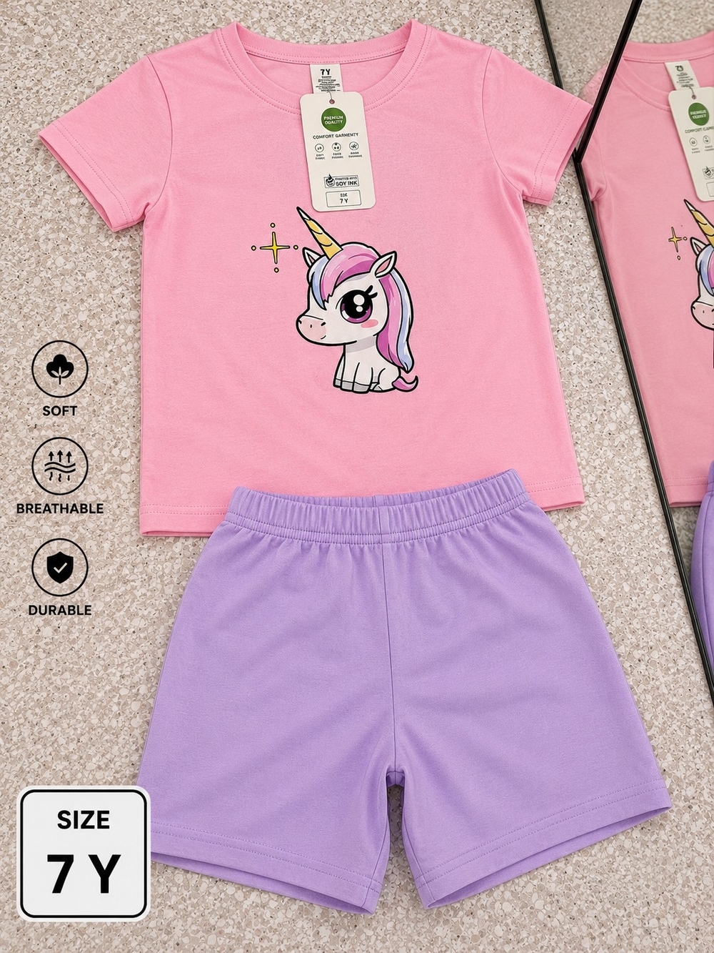 PatPat Pink Unicorn Short Sleeve Top with Lavender Shorts Pajama Set